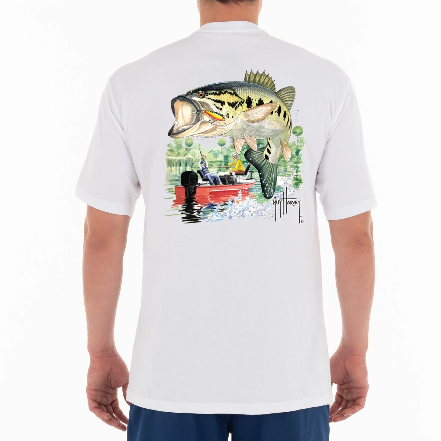 Men Freshwater Red Boat and Bass Short Sleeve Pocket T-Shirt