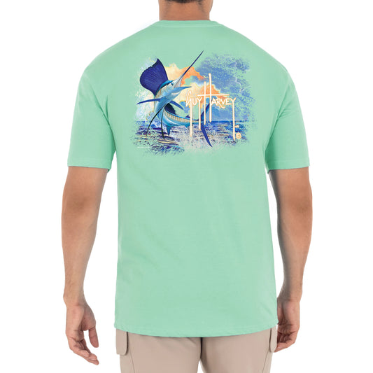 Men's Sunset Sailfish Short Sleeve Green T-Shirt